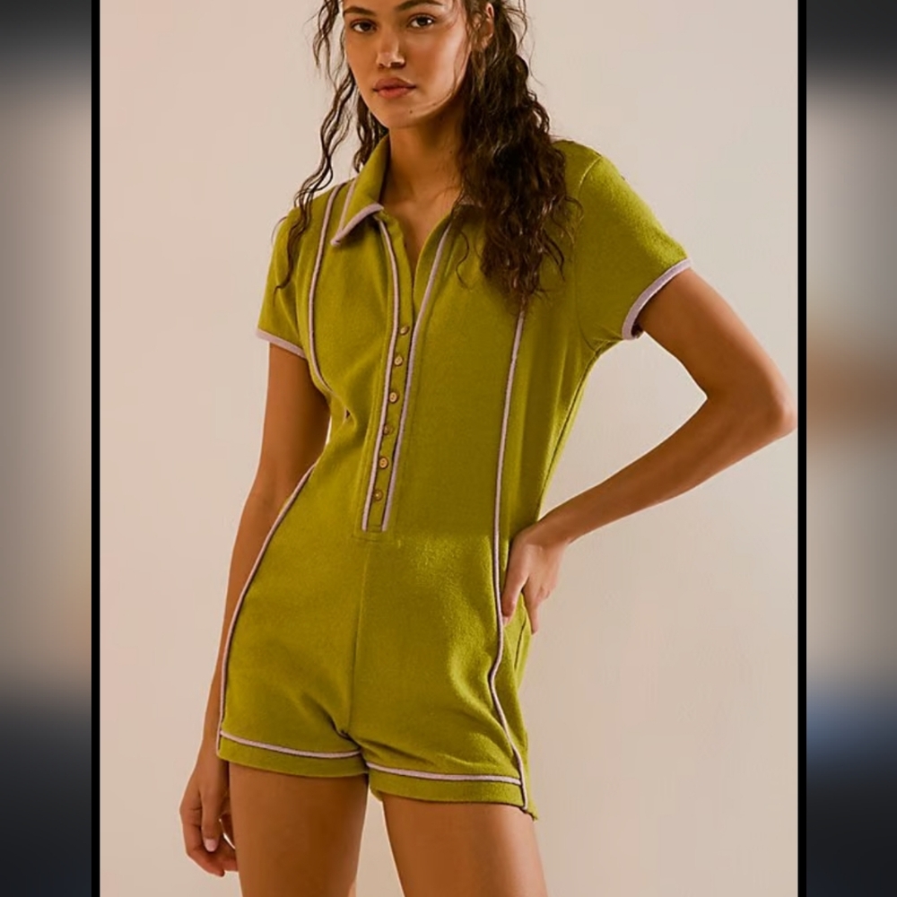 NWOT Free People Beach Cabana Beach Terry Romper Gilded Lime Combo Lilac Trim XS